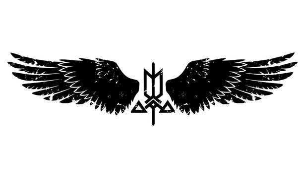 Black Grunge Viking Wings Silhouette with Norse Symbol Vector Isolated Illustration