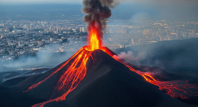 Volcano eruption near fictional city.