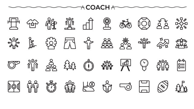 Coach Icons Set, Black Outline Leadership, Mentoring, Sports Training and Business Growth Symbols vectors