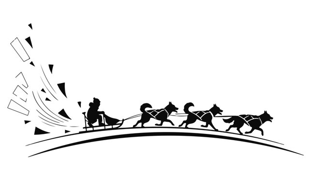 Dog sled team races across a snowy landscape, driven by a mushing person.