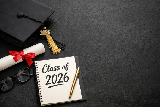 Flat lay of graduation elements and notebook with Class of 2026 text. Education success and future career background.