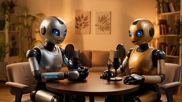 Androids with sparkling blue eyes and a sleek, futuristic design host a podcast with microphones at a table. They sit on chairs in a cozy studio