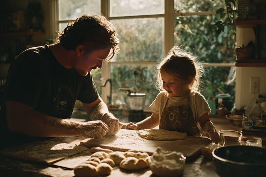 A father and daughter baking together in a sunny kitchen, flour on their faces, candid joy, shot with Canon R6, 50mm lens, cozy family palette