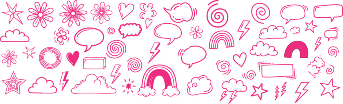 Pink Hand Drawn Doodle Elements: Clouds, Hearts, Stars, Rainbows, Speech Bubbles