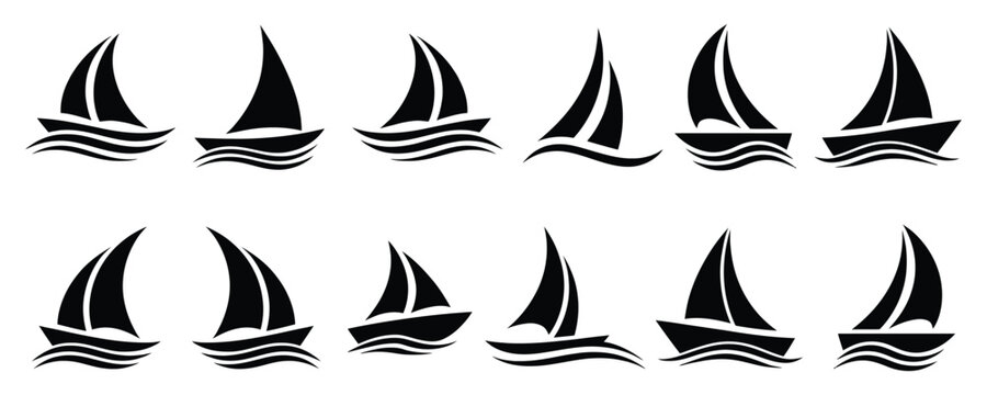 Set of sailboat silhouettes on waves, Nautical icons, Sailing symbols