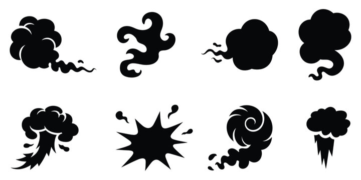 Collection of various black smoke and explosion icons on white background