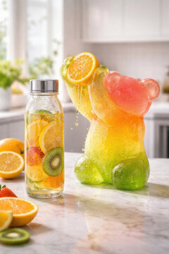 Gummy bear with citrus slice beside fruit infused water bottle