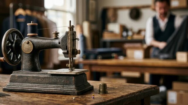 Small business sewing machine tailor workshop vintage artisan sewing needle thread thimble wooden