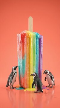 Penguins around melting rainbow popsicle on orange background