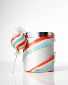 Ribbon wrapped metal tin with striped lollipop on white