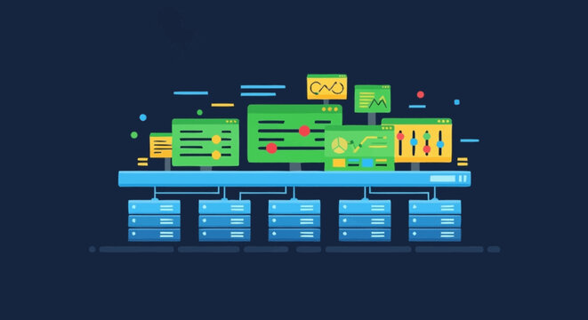 A colorful illustration of a database server with multiple storage units and connections.