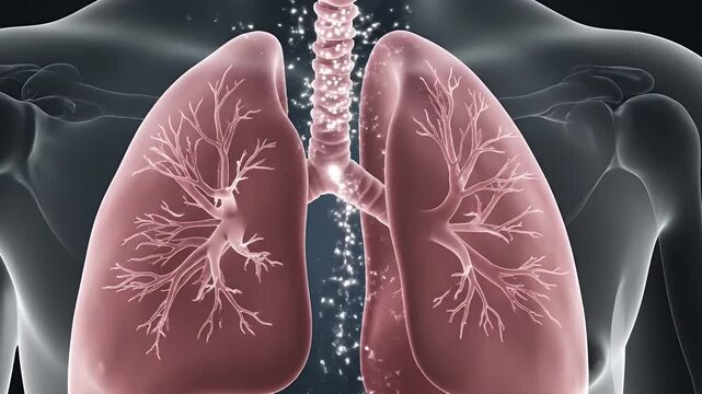 Human Lungs Anatomy Illustration - An illustration of the human lungs, trachea, and upper body is shown. The lungs are a fleshy pink with branching veins, set against a transparent body.