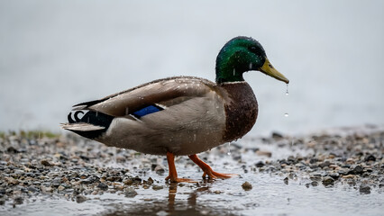 Obraz premium A Rainy Day Duck Wading Through Wet Rocks