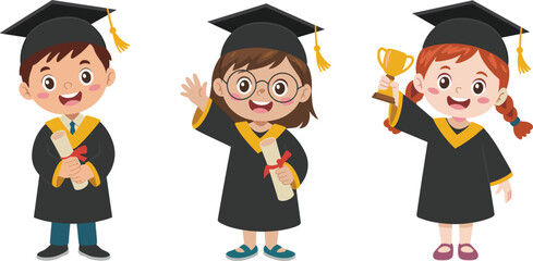 Cute kids graduation set, happy children in caps holding diploma and trophy cartoon vector illustration