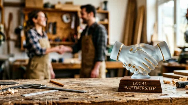 Small business craftsmen handshake trophy workshop table celebrating local partnership with