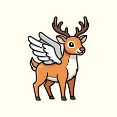 Obraz premium A cartoon-style illustration of a deer with wings, featuring a brown body, antlers, and white wings. The background is cream-colored