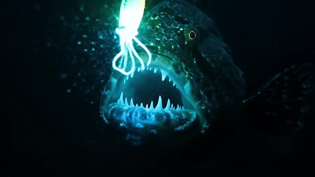 Fish with Open Mouth Luring Prey - A close-up underwater shot features a large fish with its mouth agape, showcasing its sharp teeth.