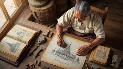 Naklejka premium Elderly Architect Drafts Ancient Temple Design