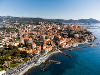 Fototapeta premium Italy, Italian Riviera, coastal, town, village, Mediterranean, sea, ocean, aerial, drone, landscape, architecture, colorful, houses, rooftops, harbor, marina, scenic, photography, travel, tourism, pic