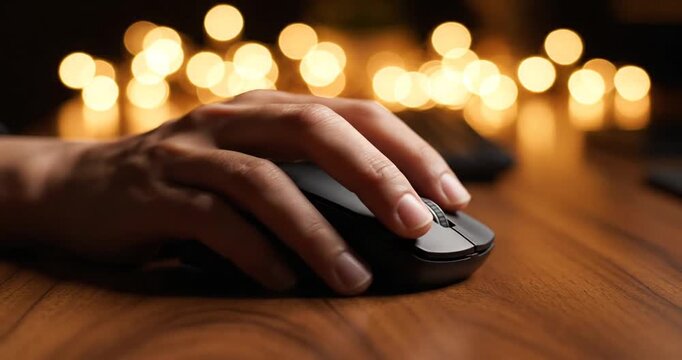 Close-up of a hand using a computer mouse on a wooden desk with soft bokeh lights in the background
