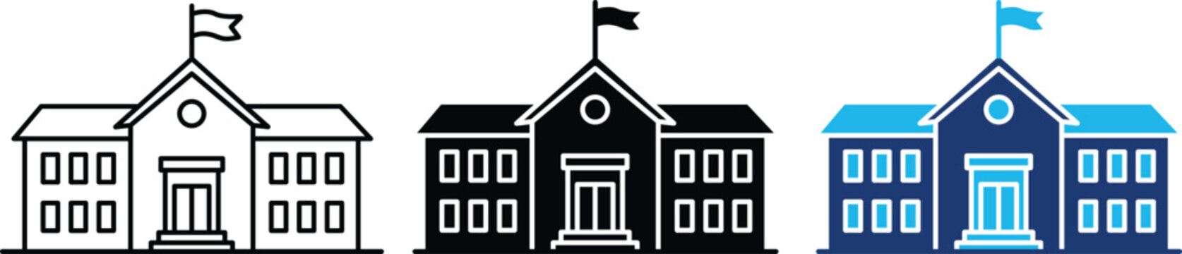 Academic institution icon showing university building with professional flag for education. Professional illustration for campus facilities, higher education degree programs, school administration.