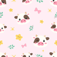 Obraz premium Seamless Cute Cow Pattern with Stars and Leaves Cartoon Vector Illustration