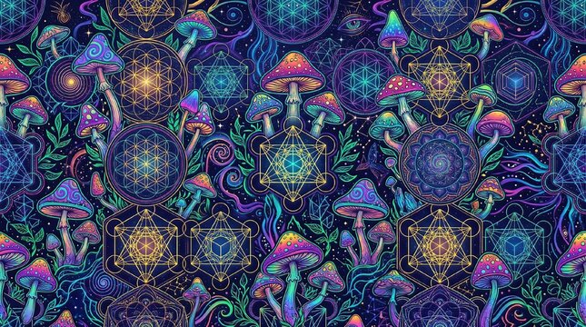 Psychedelic seamless pattern with magic mushrooms on a sacred geometry background.