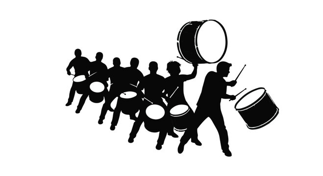 Drummers perform in a rhythmic procession, playing various percussion instruments with.