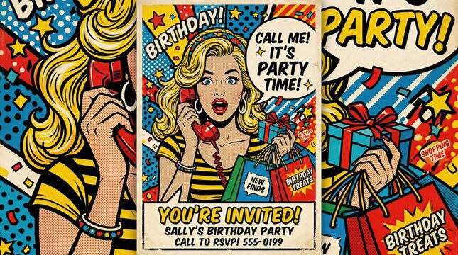 Pop art blondes with shopping bags. Shopping time. Pop art illustration of a woman with a speech bubble and a retro telephone. Pop art girl. Party invitation. Birthday card. Call me. 