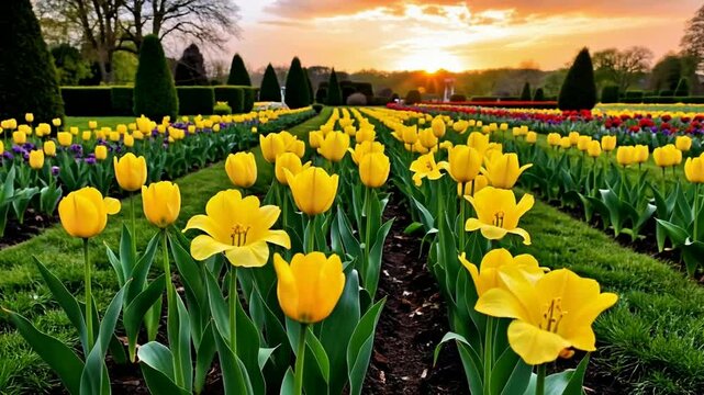 Rows of Yellow Flowers and UK Daffodil Bloom in a Neat Botanical Garden at Sunset
