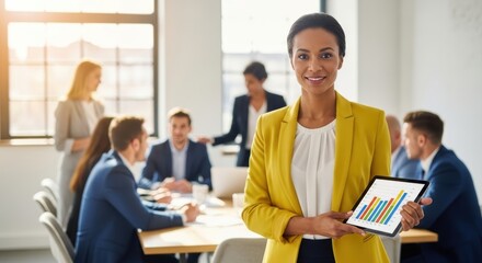 Fototapeta premium Professional woman presenting in a modern office meeting with colleagues
