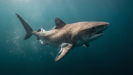 Obraz premium Majestic shark gliding beneath the ocean’s serene blue waters