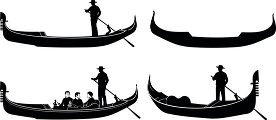 Venetian gondola silhouette set with gondolier rowing traditional wooden boat and tourists enjoying a romantic canal tour in Venice Italy © DALIARA 