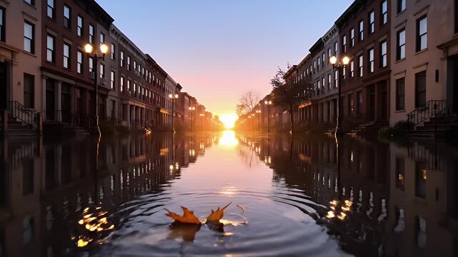 Flooded Street Reflection - A street lined with buildings is flooded with water reflecting the surrounding architecture and street lights, showcasing a surreal urban landscape.