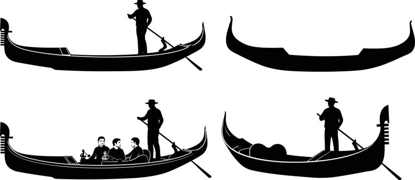 Venetian gondola silhouette set with gondolier rowing traditional wooden boat and tourists enjoying a romantic canal tour in Venice Italy