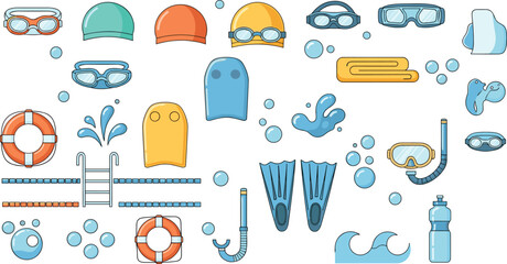 Professional Swimming and Water Sports Equipment Vector Set Featuring Goggles Swim Caps Flippers Snorkel and Pool Accessories for Aquatic Designs © sojibislam