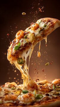 Delicious pizza slice with gooey cheese and shrimp toppings