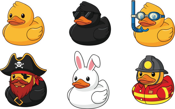 Cute rubber duck character set, funny animal costumes collection pirate firefighter diver, cartoon toy illustration, kids playful mascot