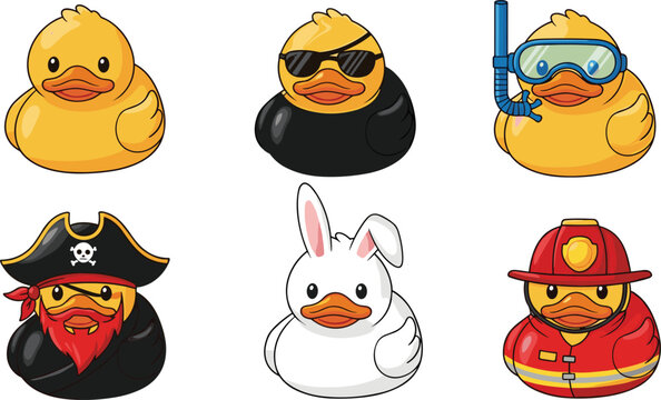 Cute rubber duck characters collection, funny animal costumes set pirate firefighter diver, cartoon toy illustration, kids playful design