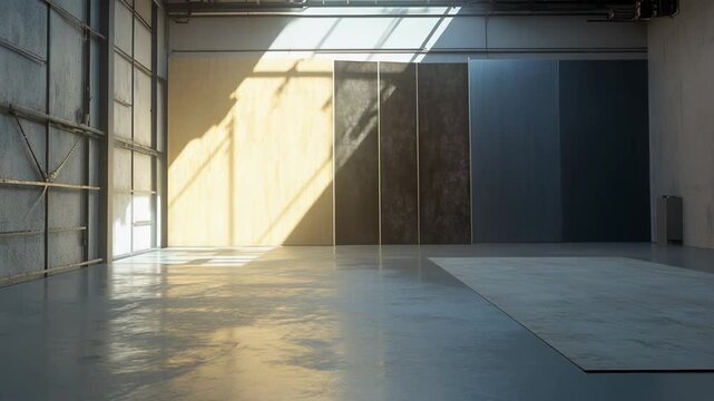 Empty industrial studio with high ceilings, concrete floor, large windows casting natural light and shadows across textured wall panels, minimalist modern workshop space