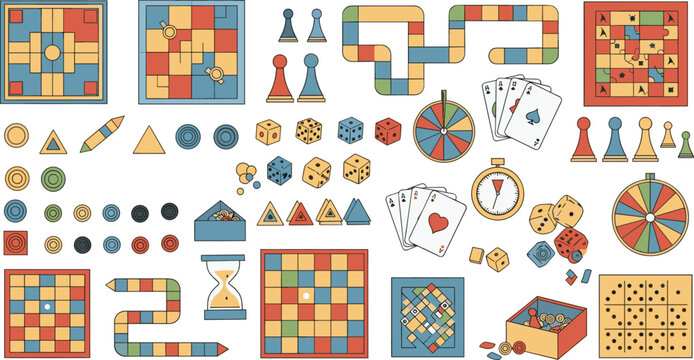 Professional Board Game and Tabletop Accessories Vector Set Featuring Colorful Game Boards Pawns Dice Spinners and Playing Cards for Family Fun Designs