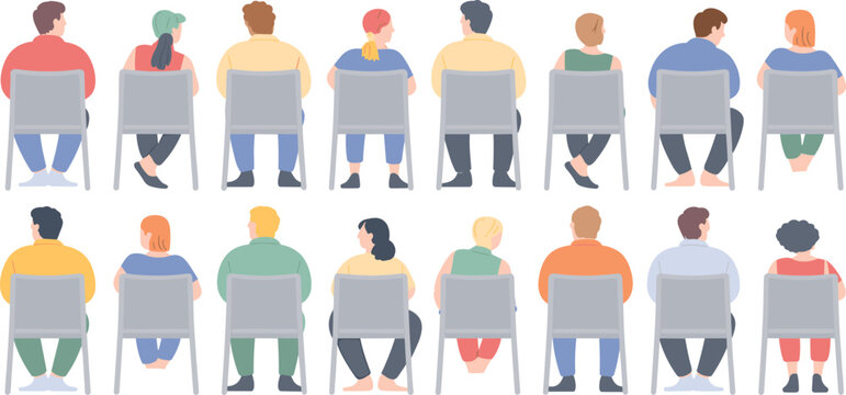 People sitting on chairs back view set, men and women audience collection, casual lifestyle illustration, diverse human poses