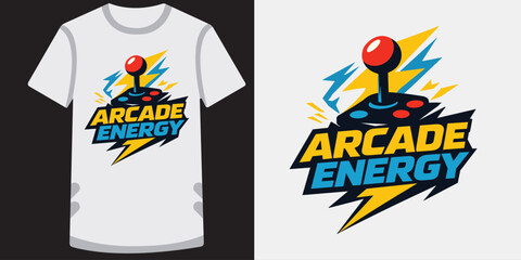 Arcade energy gaming tshirt design with retro joystick and lightning on white background. © jubayer95