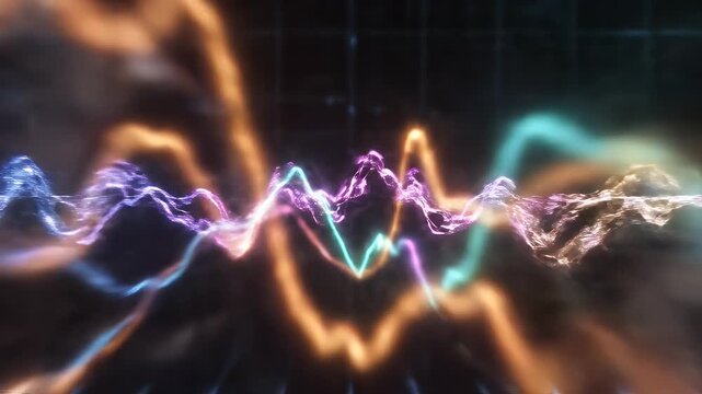 Digital Audio Spectrum Visualization - This video features a vibrant and dynamic display of sound waves, visualized as glowing colorful waveforms against a dark grid backdrop.