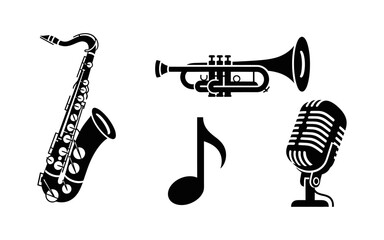 Naklejka premium Collection of musical instruments and audio equipment icons including a saxophone, trumpet, musical note, and vintage microphone