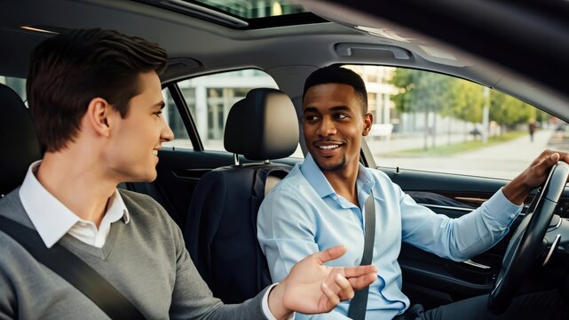 Diverse male colleagues carpooling, talking and smiling during a sustainable morning commute