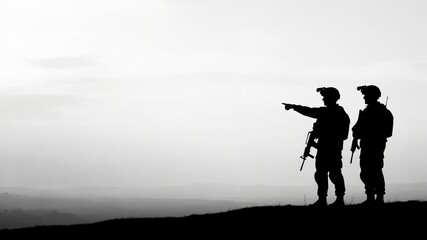 Fototapeta premium Silhouette of Two Special Forces Soldiers on Reconnaissance Mission at Dawn