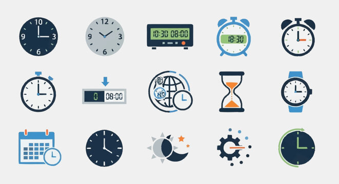 Collection of various clock and time icons.