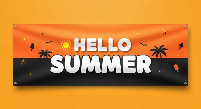 Horizontal Hello Summer outdoor banner mockup with tropical beach theme and palm tree illustrations over an orange background