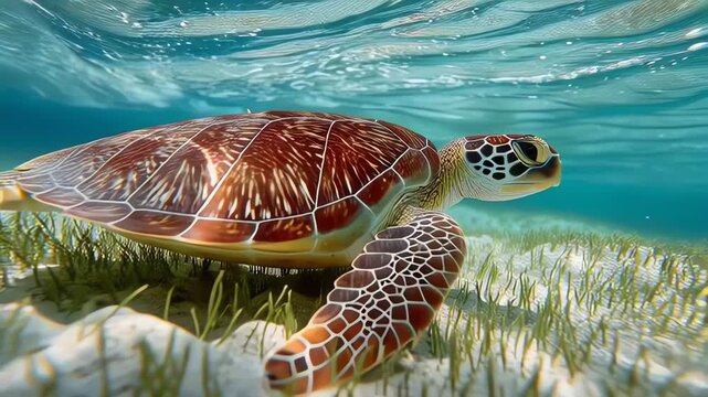 Green Sea Turtle Swimming Underwater in Shallow Tropical Water